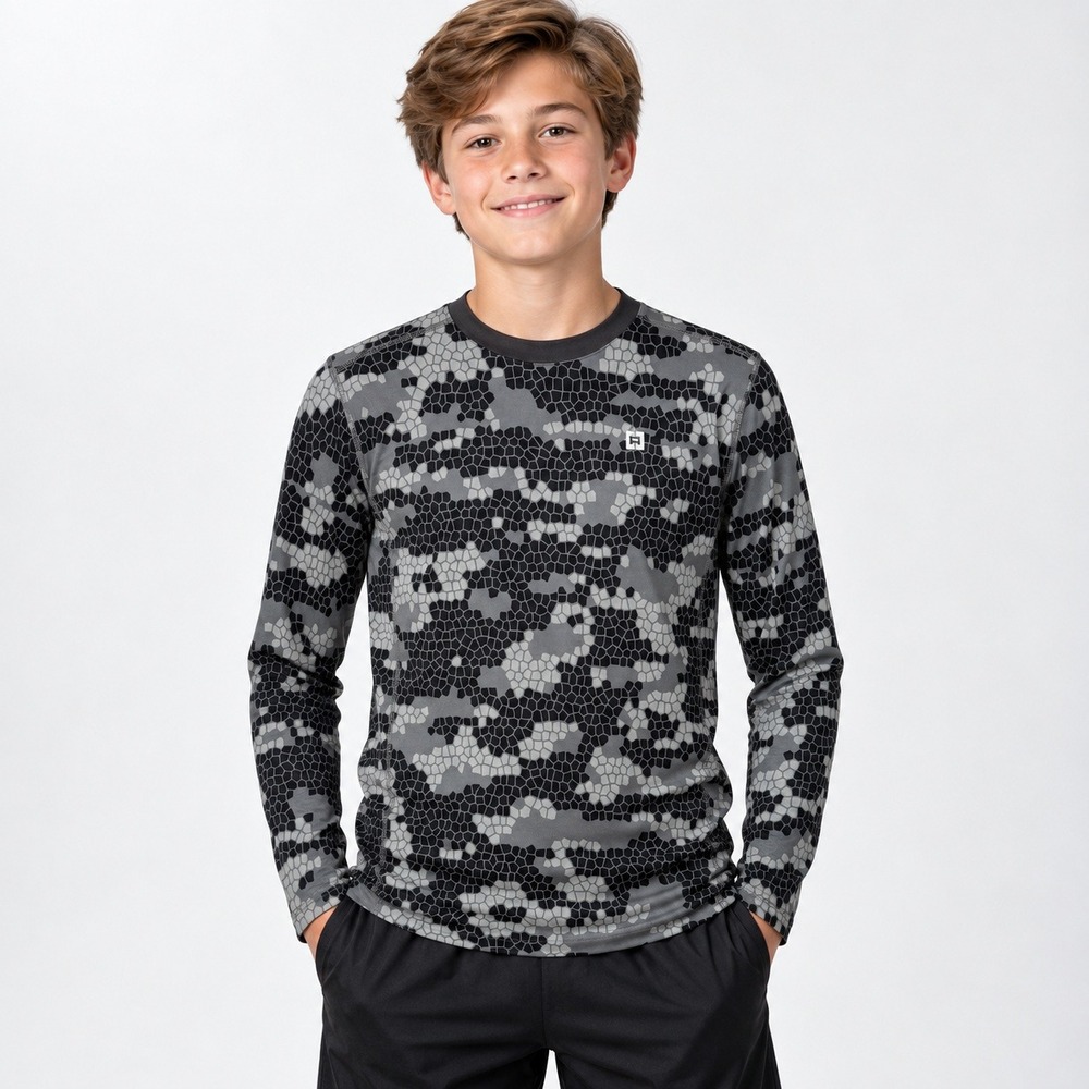 Hind Boys L 14/16 Long Sleeve Performance Shirt Gray Black Camo Stretch